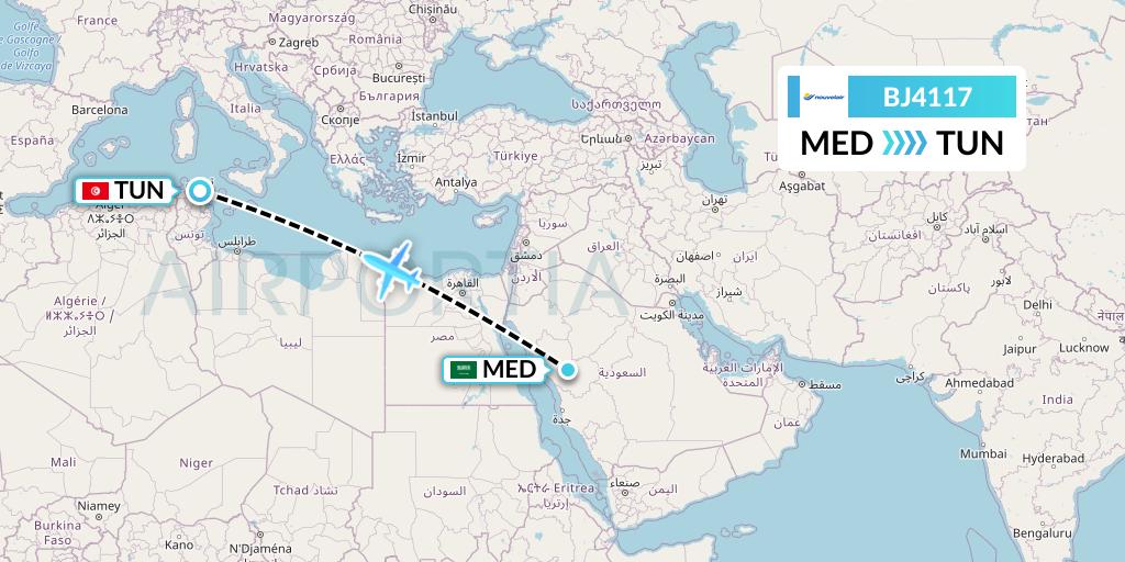 BJ4117 Nouvelair Tunisie Flight Map: Medina to Tunis