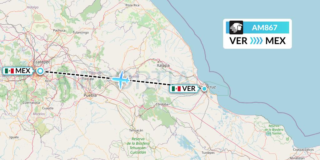 AM867 Aeromexico Flight Map: Veracruz to Mexico City