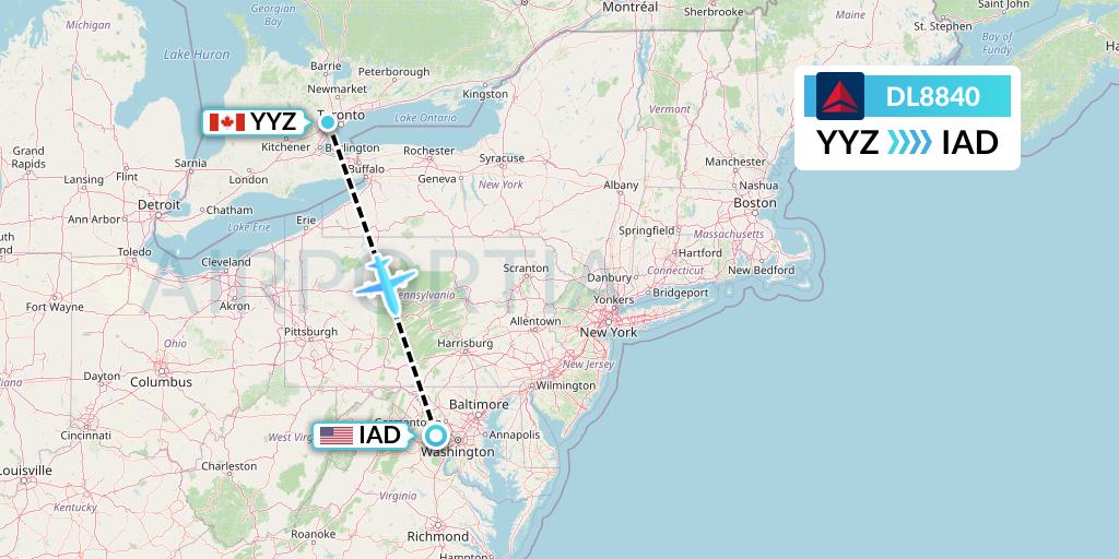 DL8840 Delta Air Lines Flight Map: Toronto to Washington
