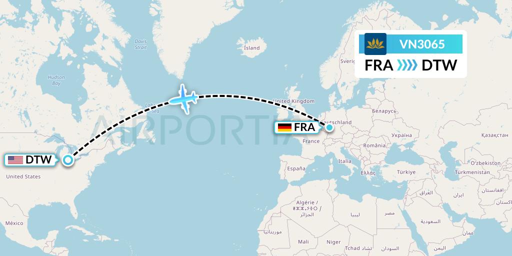 VN3065 Vietnam Airlines Flight Map: Frankfurt to Detroit