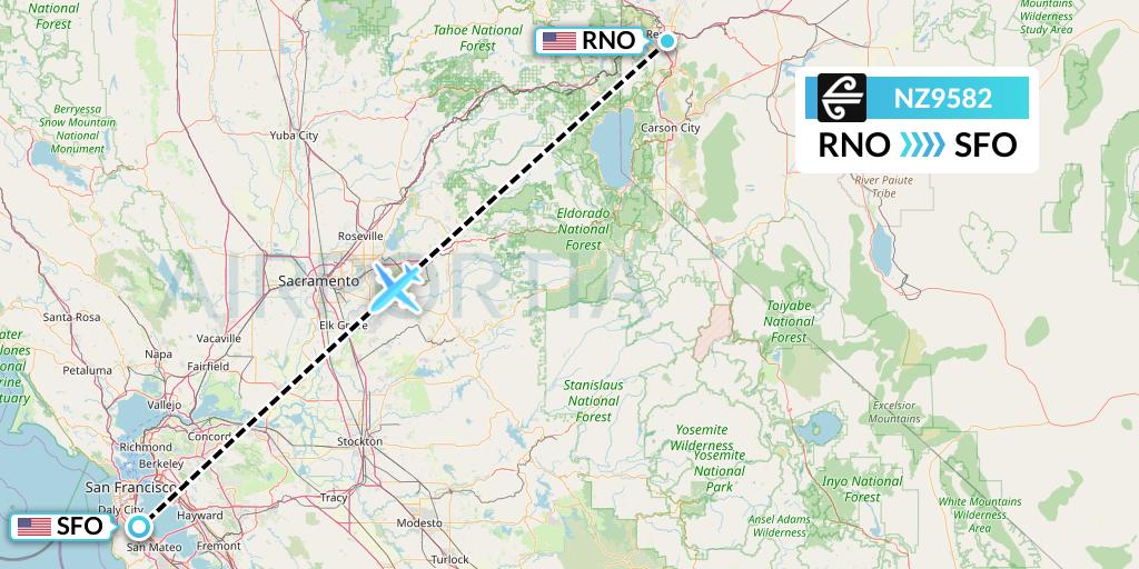 NZ9582 Air New Zealand Flight Map: Reno to San Francisco