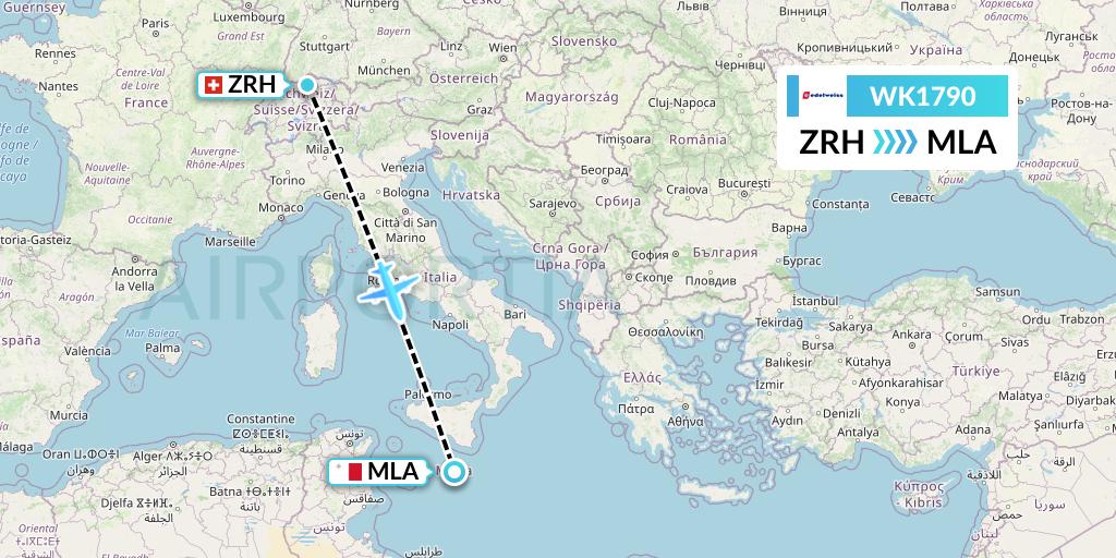 WK1790 Edelweiss Air Flight Map: Zurich to Malta