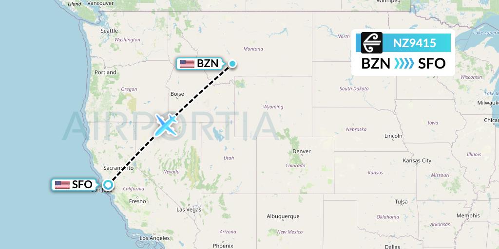 NZ9415 Air New Zealand Flight Map: Bozeman to San Francisco