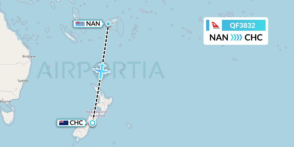 QF3832 Qantas Flight Map: Nadi to Christchurch