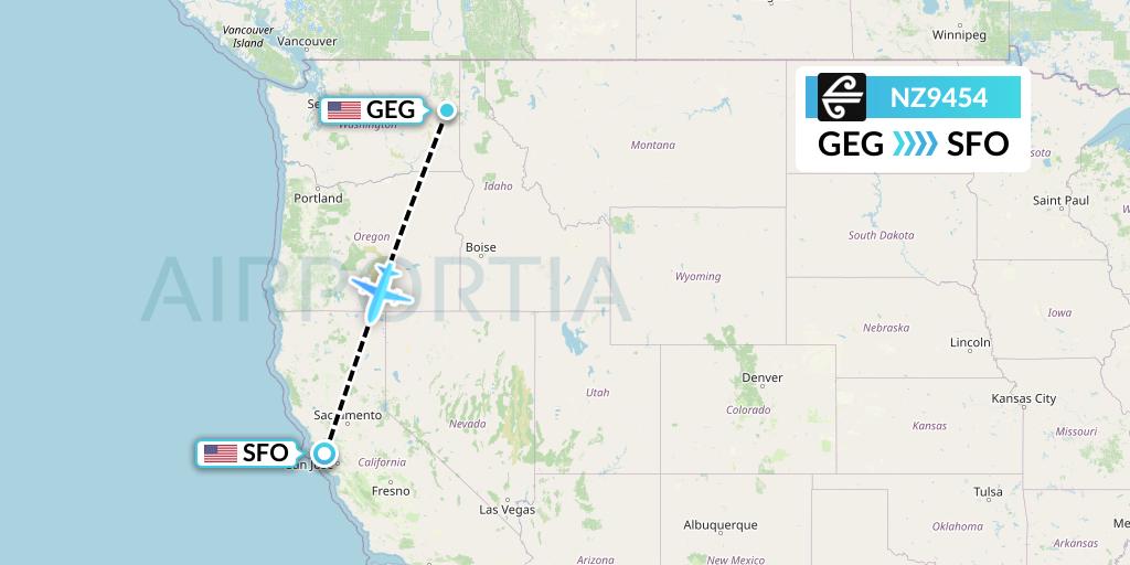NZ9454 Air New Zealand Flight Map: Spokane to San Francisco