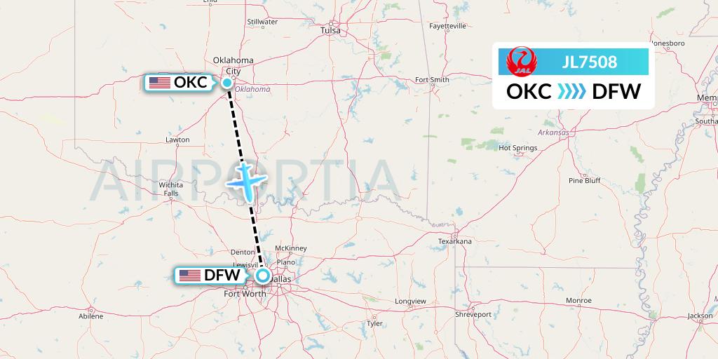 JL7508 Japan Airlines Flight Map: Oklahoma City to Dallas