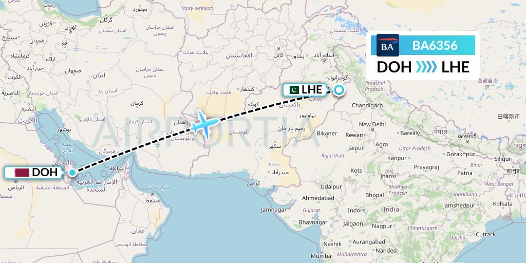 BA6356 British Airways Flight Map: Doha to Lahore