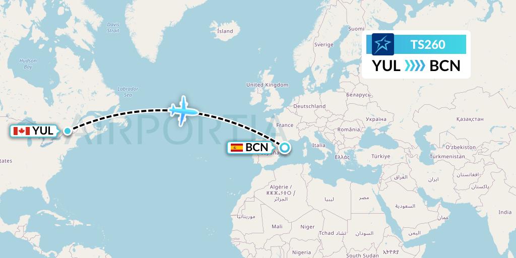 TS260 Air Transat Flight Map: Montreal to Barcelona