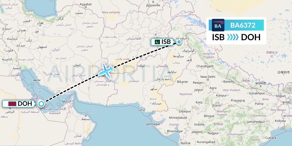 BA6372 British Airways Flight Map: Islamabad to Doha