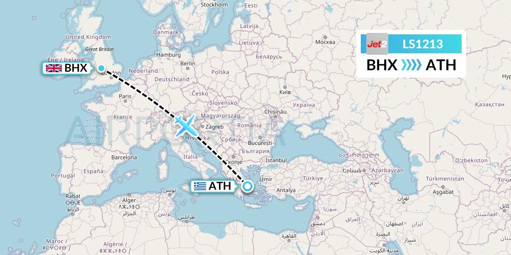 LS1213 Jet2 Flight Map: Birmingham to Athens