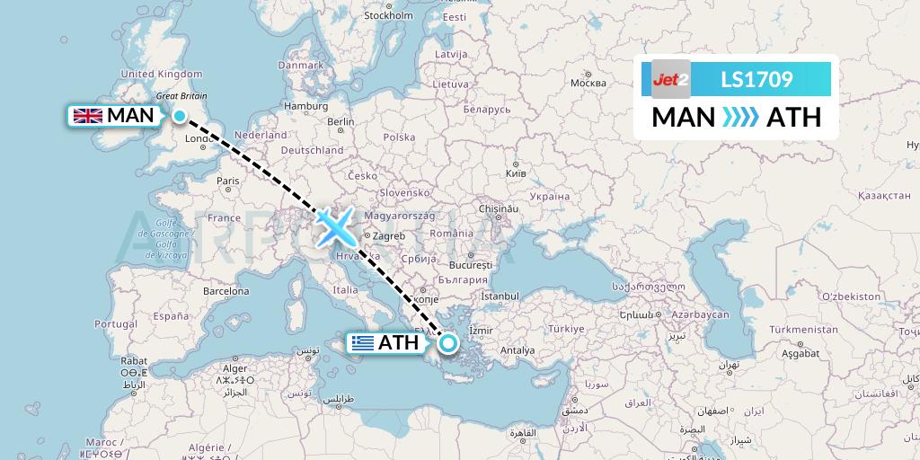 LS1709 Jet2 Flight Map: Manchester to Athens