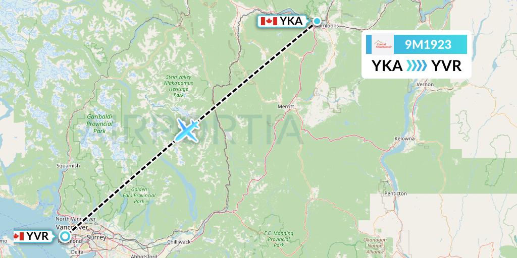 9M1923 Central Mountain Air Flight Map: Kamloops to Vancouver
