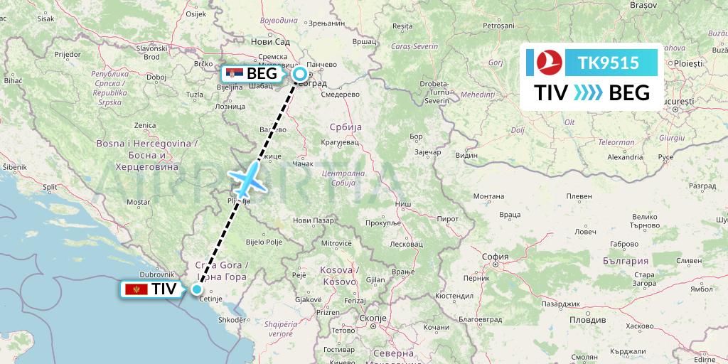 TK9515 Turkish Airlines Flight Map: Tivat to Belgrade