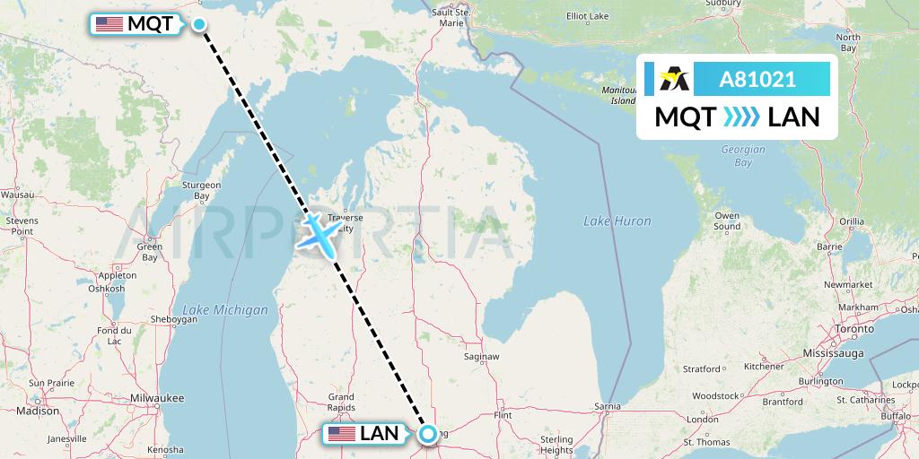 A81021 Aerolink Uganda Flight Map: Marquette to Lansing