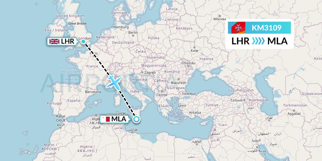 KM3109 Air Malta Flight Map: London to Malta