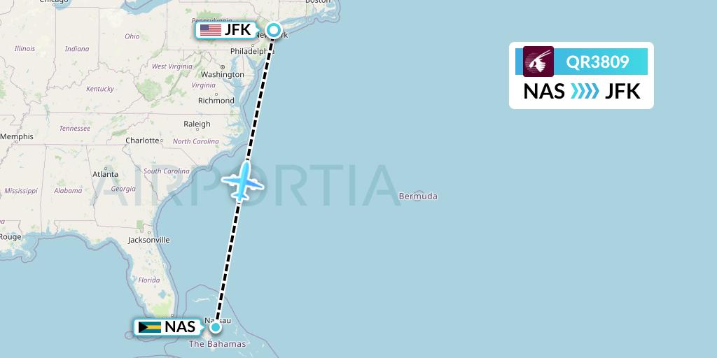 QR3809 Qatar Airways Flight Map: Nassau to New York