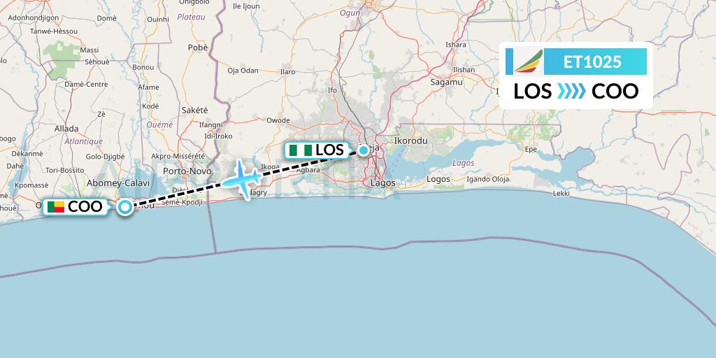 ET1025 Ethiopian Airlines Flight Map: Lagos to Cotonou