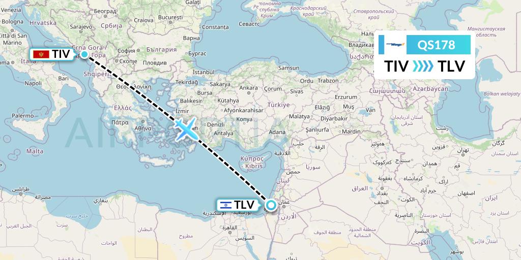 QS178 Smartwings Flight Map: Tivat to Tel Aviv