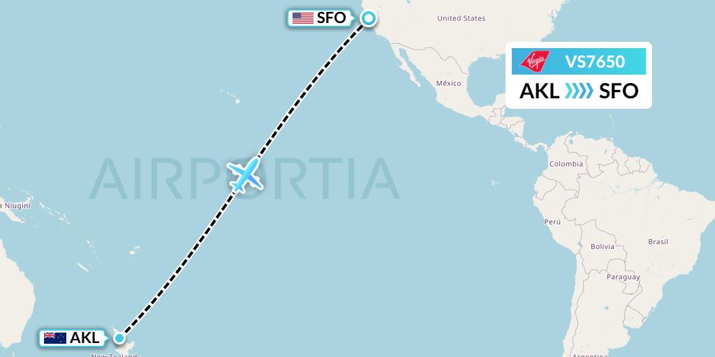 VS7650 Virgin Atlantic Airways Flight Map: Auckland to San Francisco