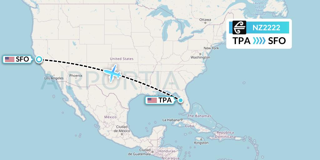 NZ2222 Air New Zealand Flight Map: Tampa to San Francisco