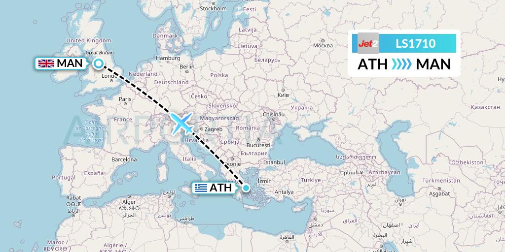 LS1710 Jet2 Flight Map: Athens to Manchester