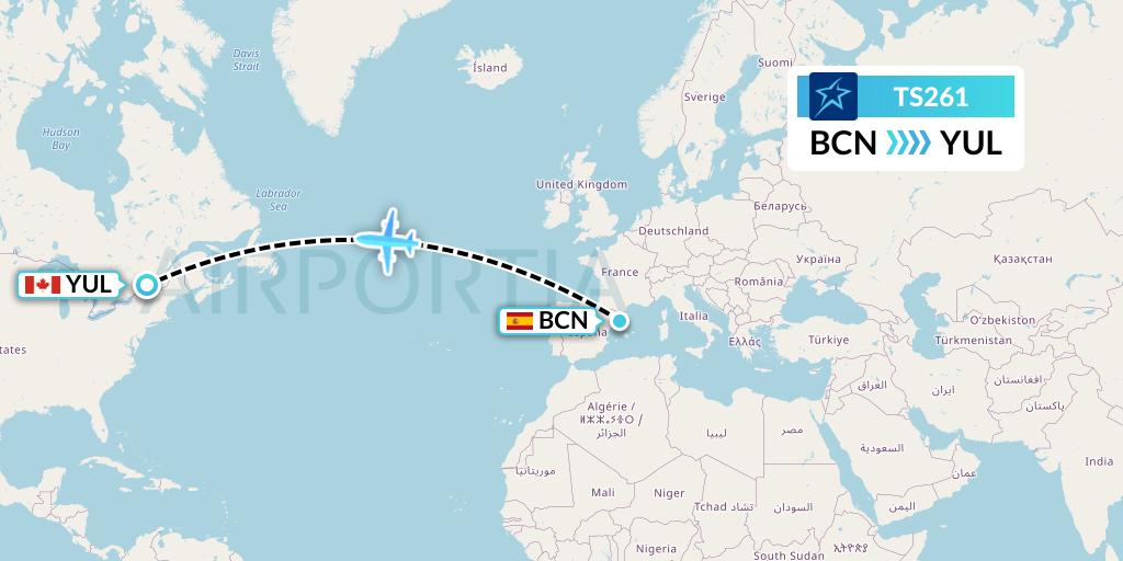 TS261 Air Transat Flight Map: Barcelona to Montreal