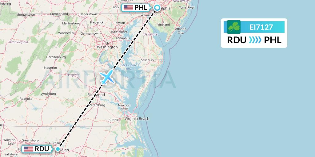 EI7127 Aer Lingus Flight Map: Raleigh-Durham to Philadelphia
