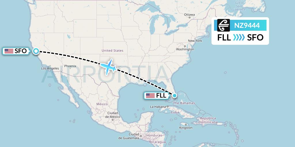 NZ9444 Air New Zealand Flight Map: Fort Lauderdale to San Francisco