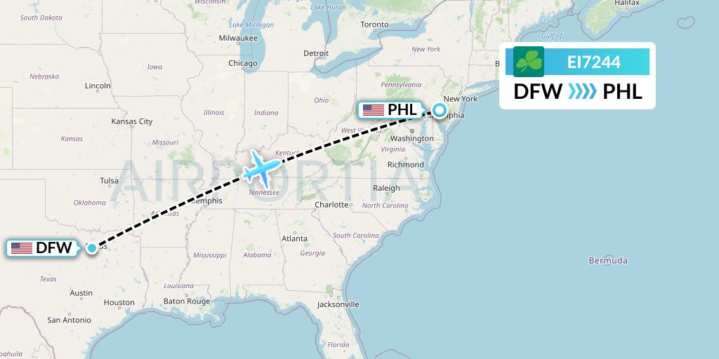 EI7244 Aer Lingus Flight Map: Dallas to Philadelphia