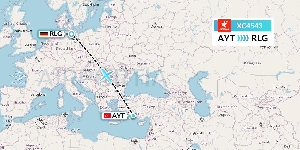 XC4543 Corendon Airlines Flight Map: Antalya to Rostock