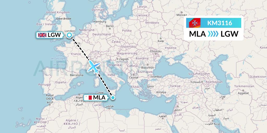 KM3116 Air Malta Flight Map: Malta to London