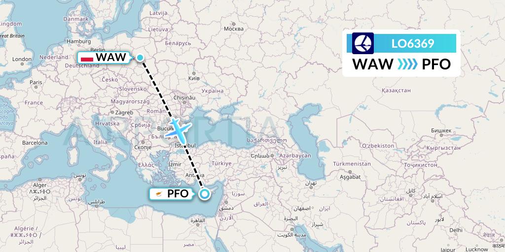 LO6369 LOT Flight Map: Warsaw to Pafos