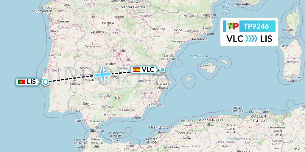 TP9246 TAP Portugal Flight Map: Valencia to Lisbon