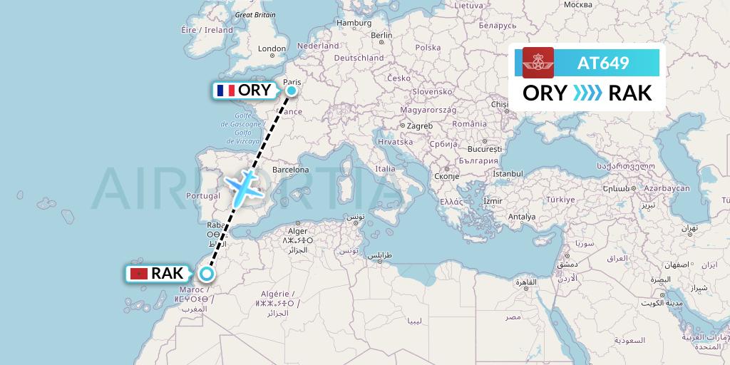 AT649 Royal Air Maroc Flight Map: Paris to Marrakesh 