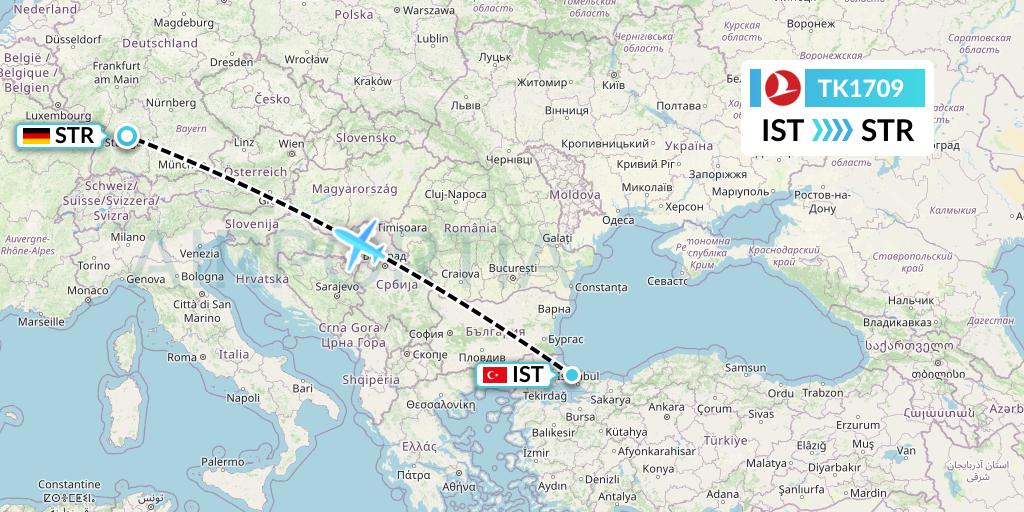 TK1709 Turkish Airlines Flight Map: Istanbul to Stuttgart