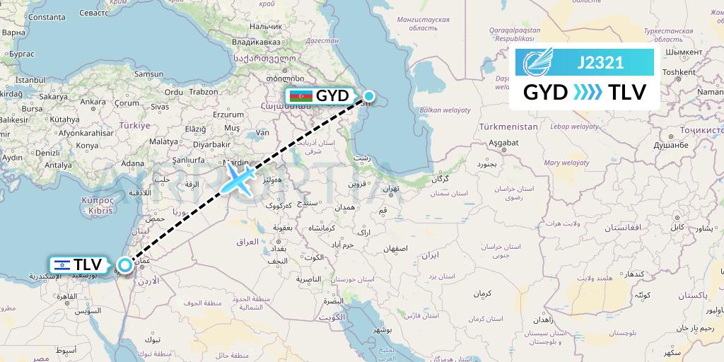 J2321 Azerbaijan Airlines Flight Map: Baku to Tel Aviv