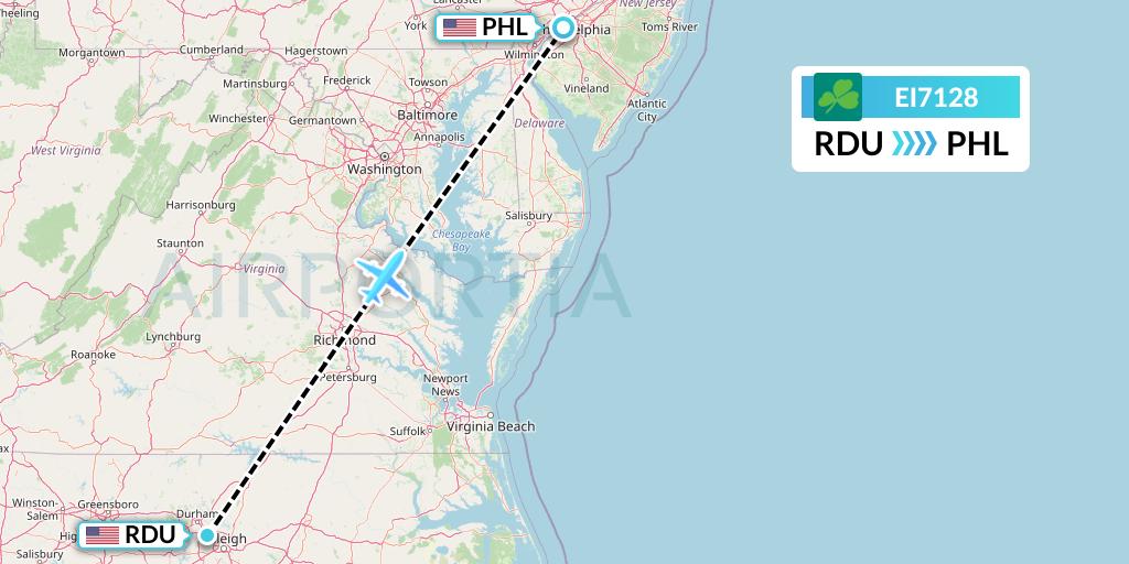 EI7128 Aer Lingus Flight Map: Raleigh-Durham to Philadelphia