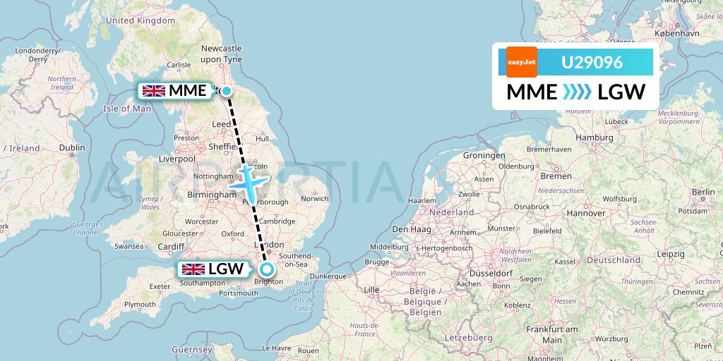 U29096 EasyJet Flight Map: Darlington to London