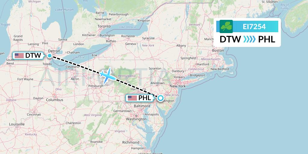 EI7254 Aer Lingus Flight Map: Detroit to Philadelphia