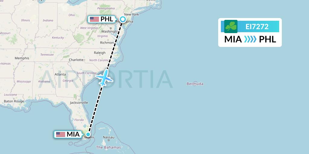 EI7272 Aer Lingus Flight Map: Miami to Philadelphia
