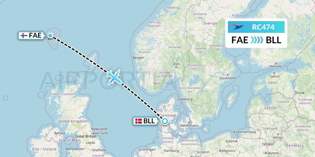 RC474 Atlantic Airways Flight Map: Vagar to Billund