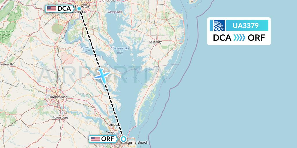 UA3379 United Airlines Flight Map: Washington to Norfolk