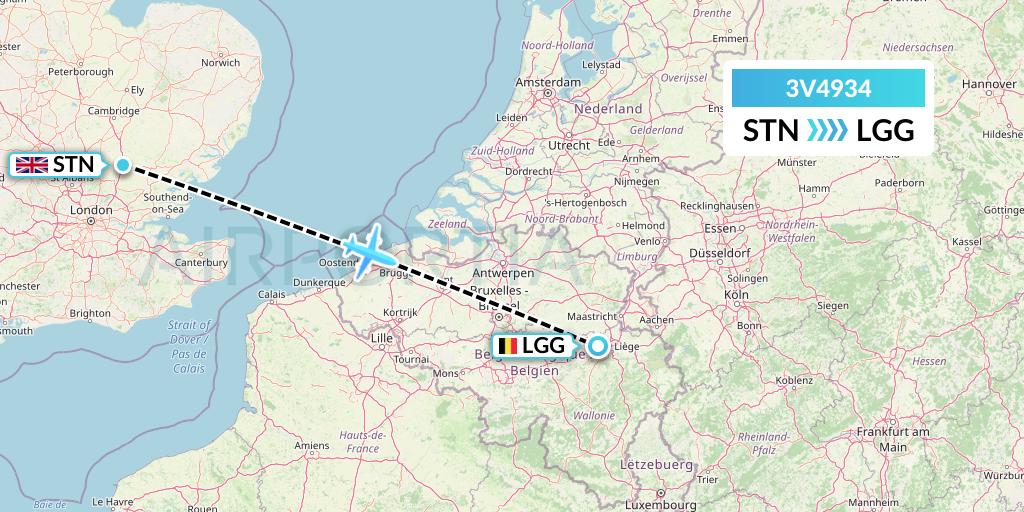 3V4934 ASL Airlines Belgium Flight Map: London to Liege