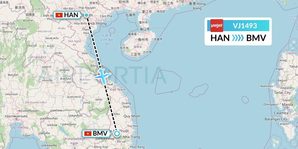 VJ1493 VietJet Air Flight Map: Hanoi to Buon Ma Thuot