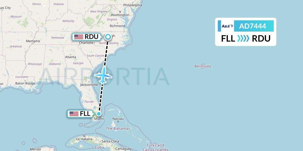 AD7444 Azul Brazilian Airlines Flight Map: Fort Lauderdale to Raleigh-Durham