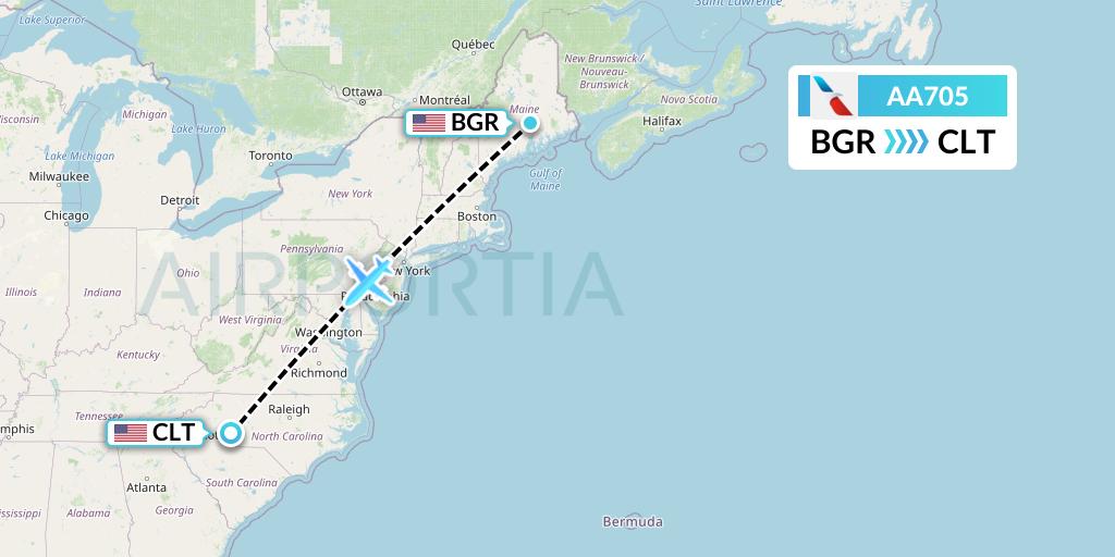 AA705 American Airlines Flight Map: Bangor to Charlotte