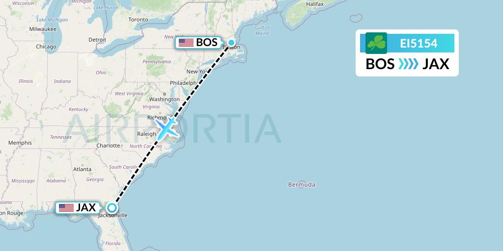 EI5154 Aer Lingus Flight Map: Boston to Jacksonville