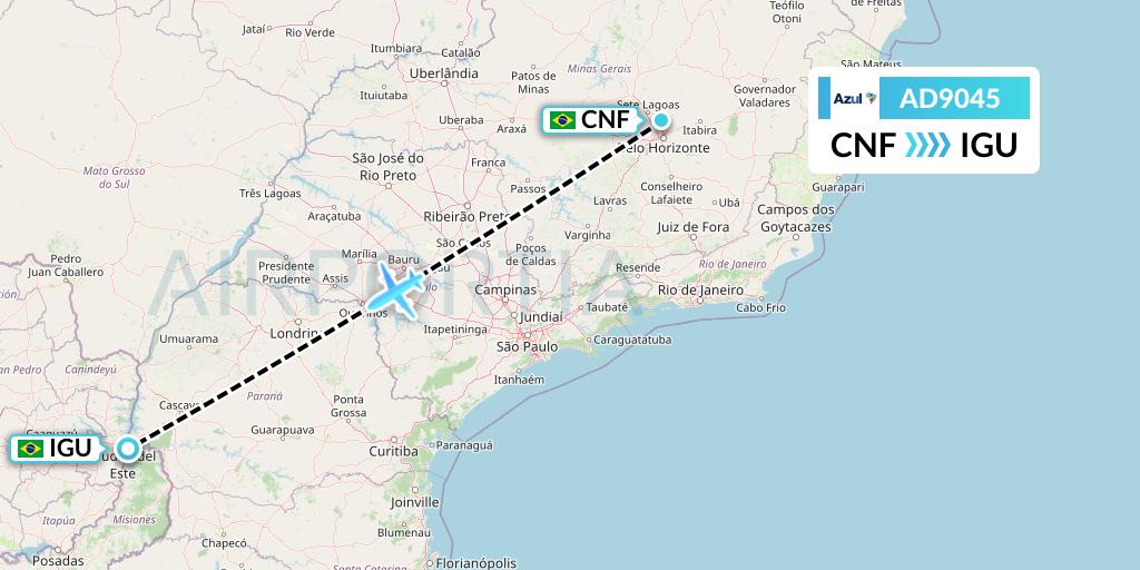 AD9045 Azul Brazilian Airlines Flight Map: Belo Horizonte to Foz do Iguacu