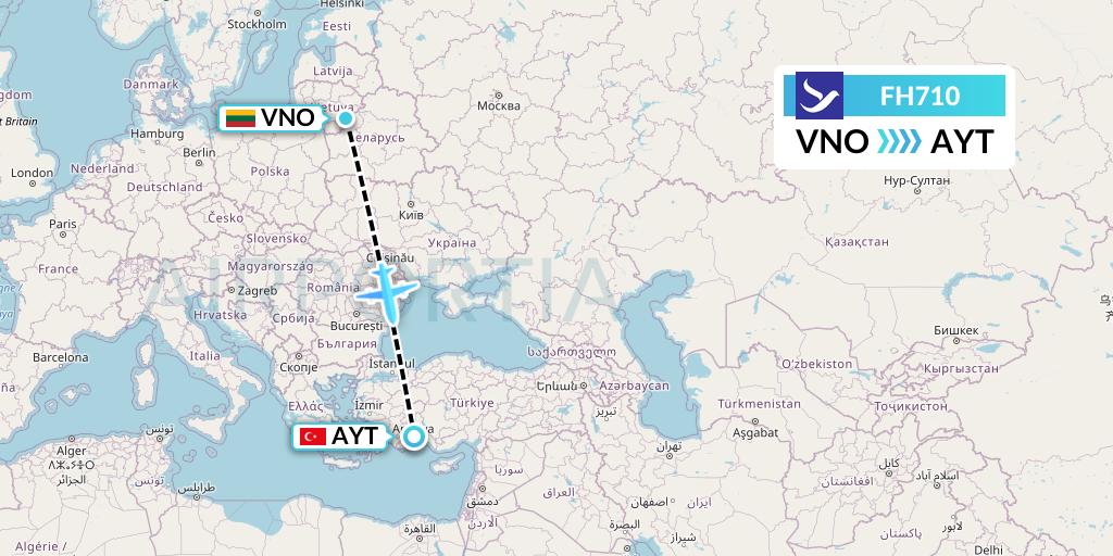 FH710 Freebird Airlines Flight Map: Vilnius to Antalya