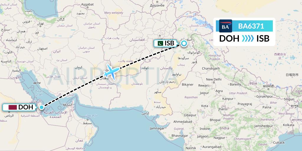 BA6371 British Airways Flight Map: Doha to Islamabad